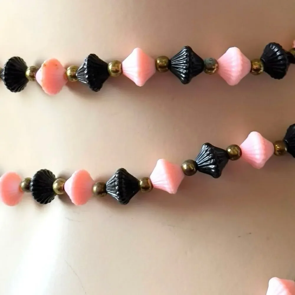 48” Vintage Art Deco Pink and Black Celluloid Trapezoid Necklace 1940’s Flapper